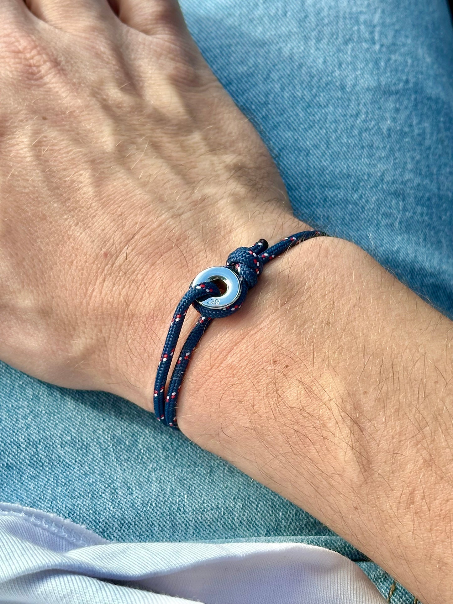 Navy Stripe & Silver Sailing Thimble Bracelet - Eighty Eight Degrees